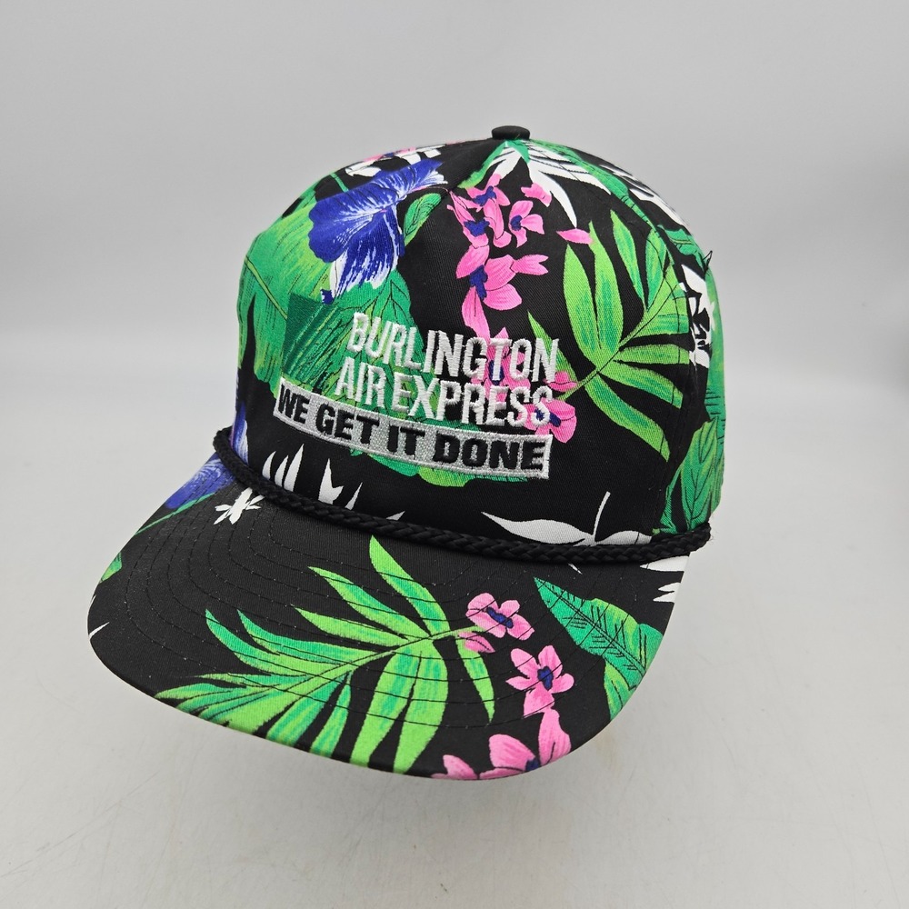 Vintage Burlington Air Express Snapback Hat Cap Black Freight Floral Trucker